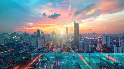 Rooftop with concrete terrace, Bangkok sunset skyline. Hi tech digital holograms to optimize business process by applying new technologies. Generated AI
