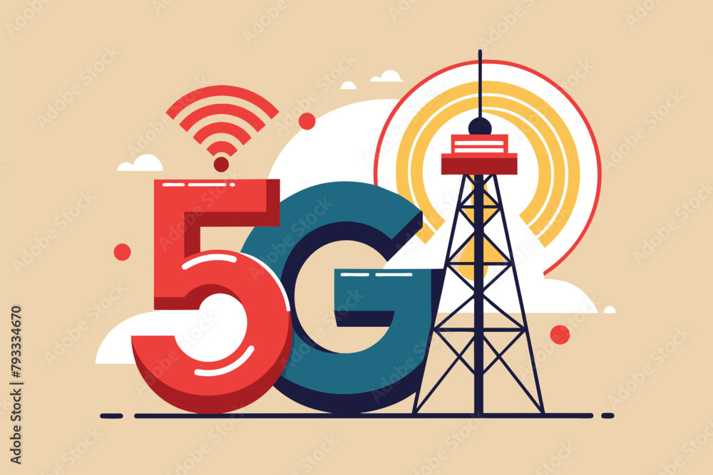 Poster a 5g sign is displayed with a tower in the background, vector with 5g network theme, simple and mini