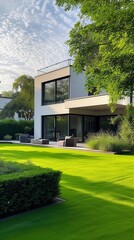 Modern luxury home expansive windows lush greenery contemporary suburban living