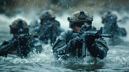 Military squad crossing the river under fire - obrazy, fototapety, plakaty