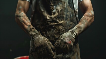 Man wearing a dirty apron and gloves. Suitable for industrial or messy work concepts