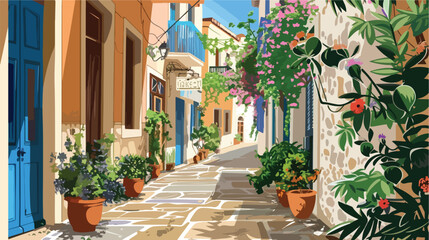 Fototapeta premium Beautiful street in Rethymno Crete Greece. Vector style
