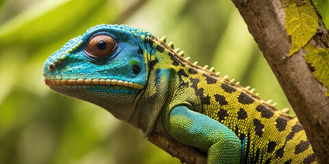 Fototapeta premium Tropical lizard in jungle on a sunny day. Rainforest illustration with bright colorful reptile among exotic plants with big leaves. Background with pristine nature landscape.