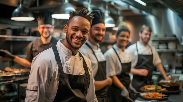 Portrait of a group of chefs and culinary students in the culinary Institute's kitchen.