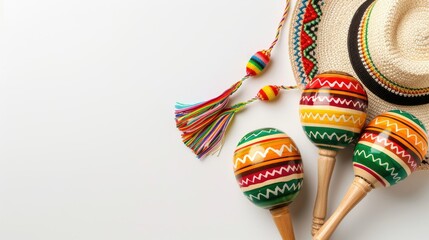 A vibrant top down shot showcases two colorful striped maracas and a traditional Mexican hat against a clean white background offering ample space for text