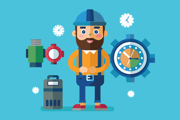 A man with a beard standing next to a clock in a simple and minimalist setting, Watch repairman, Simple and minimalist flat Vector Illustration