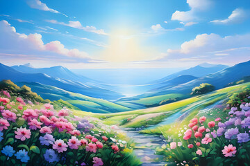 Obraz premium pastel colors tranquility nature blue sky Soft light color quiet sight stability flower garden mountain peak wavy sea Beach sunlight bower movables birdsong the sound of the wind cloud fine lines