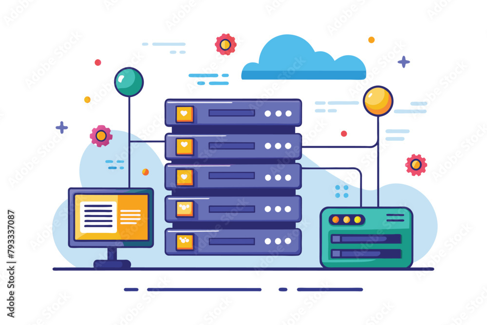 Poster a stack of computers connected to a cloud computing system, symbolizing data storage and processing 