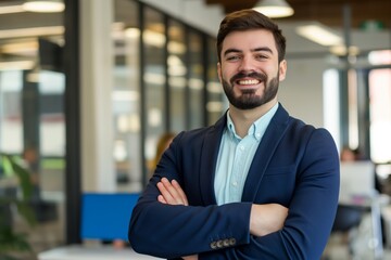 Smiling confident young businessman looking at camera standing in office. Elegant stylish corporate leader successful ceo executive manager.	