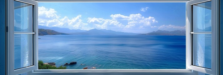 A window overlooking a large body of water with a clear blue sky - obrazy, fototapety, plakaty