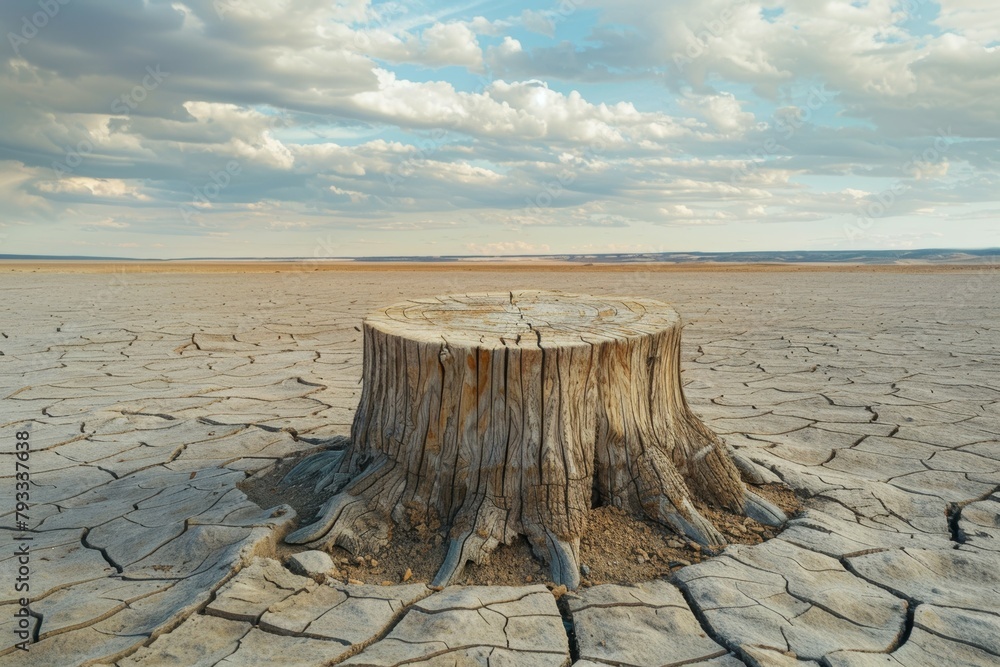 Poster stump from felled tree in drought concept. record summer heat. background of the consequences of env