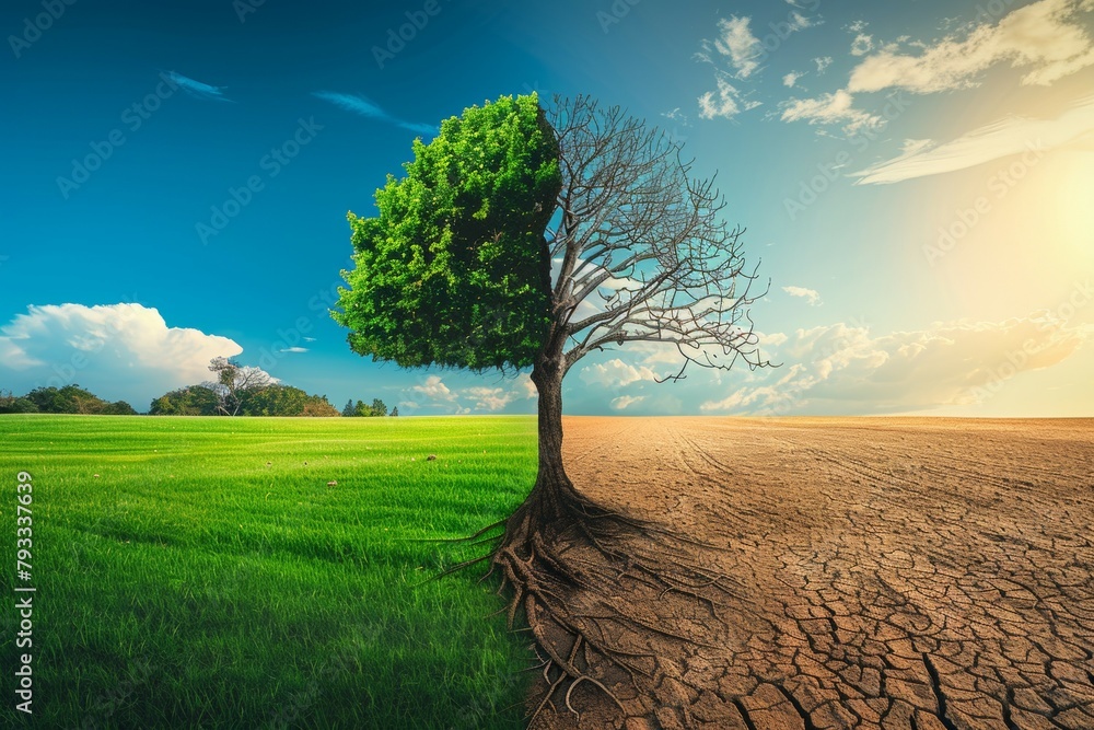 Poster tree in ecology and drought concept. climate change and record heat. background with selective focus