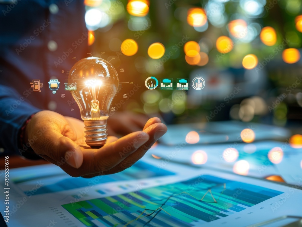 Poster conceptual image of a person holding a glowing lightbulb with data analytics graphics overlay