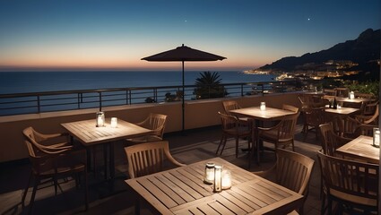 Fototapeta premium Landscape of outdoor luxury cafe table and chairs on rooftop in Monaco with sea view and beautiful evening sky. Ai Generative.