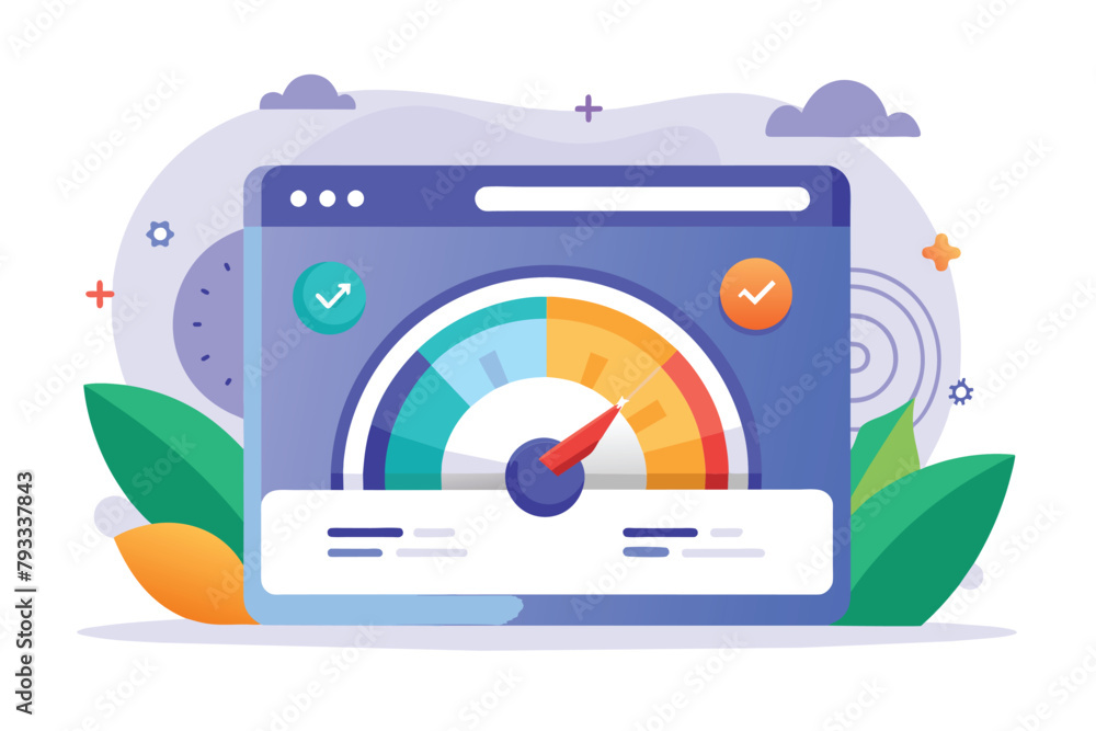 Poster a computer screen showing a speedometer, indicating the speed of a website in a simple and minimalis