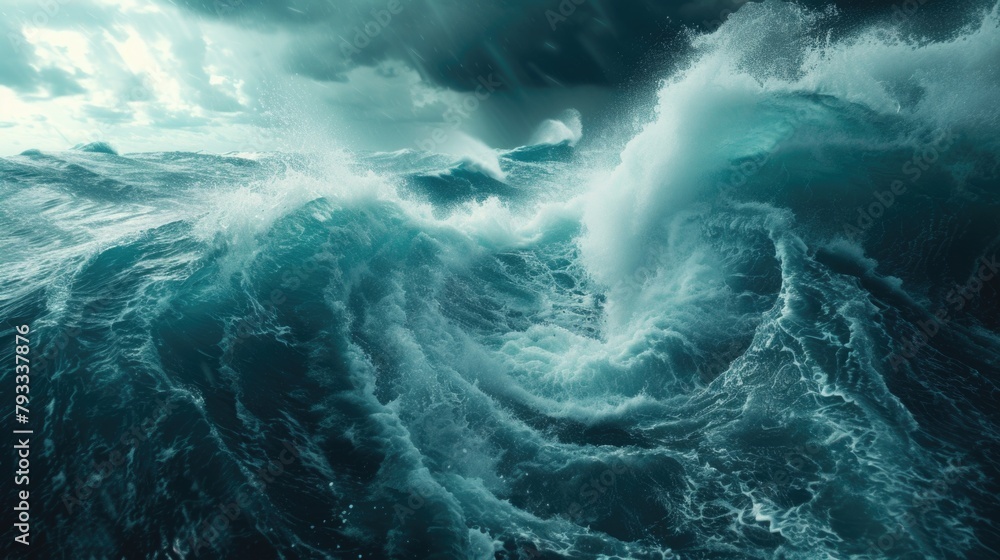 Poster a large wave crashing into the ocean. the water is choppy and the sky is cloudy, creating a moody an