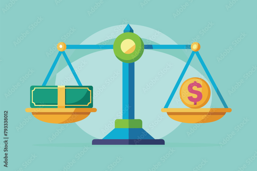 Poster a dollar and a pound coin are placed on a scale, symbolizing the comparison of currency values, weig