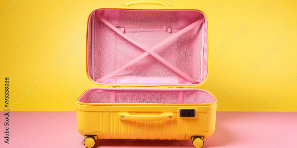 Aufkleber a yellow suitcase with pink lining is open on a yellow background. the suitcase is empty and has whe