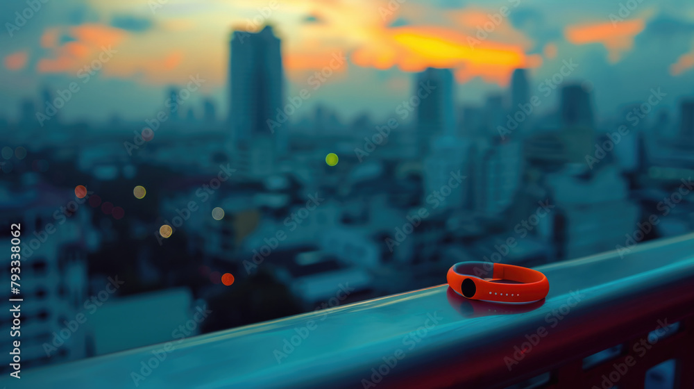 Poster a red wristband is sitting on a railing in front of a city skyline. the wristband is the only object