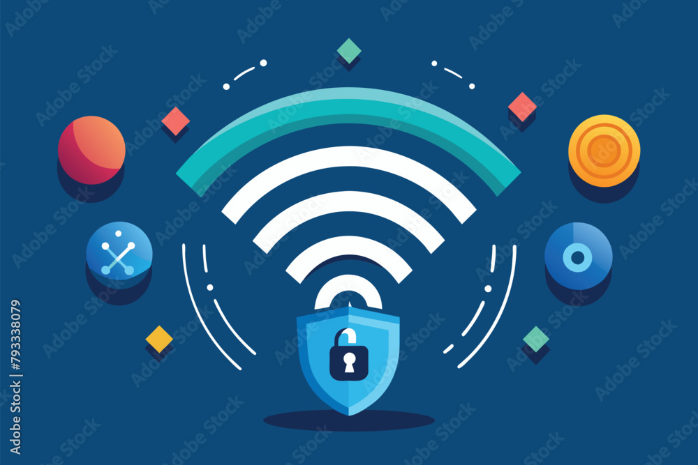 Poster a shield with a padlock surrounded by icons symbolizing security and protection, wi-fi internet secu