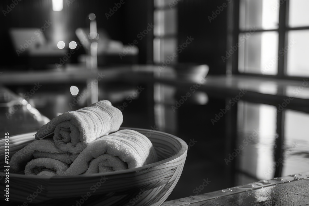 Poster a bowl of white towels sits on a table in front of a pool. the towels are neatly folded and arranged