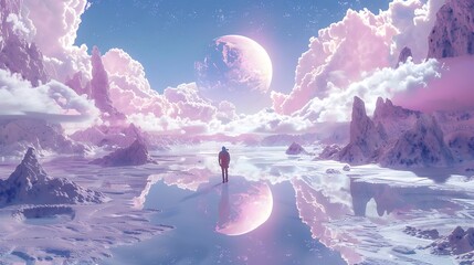 A man is walking through a snowy landscape with a pink moon in the sky