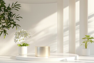 A white room with a gold pedestal and two potted plants