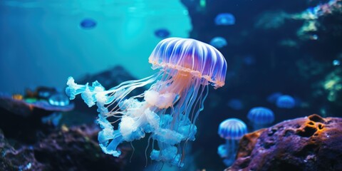 A jellyfish is swimming in the ocean with other jellyfish