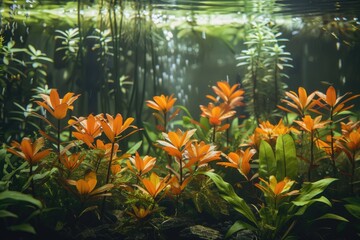 A lush green plant with orange flowers is in a tank. The flowers are in full bloom and the tank is filled with water - Powered by Adobe