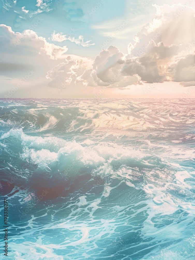 Poster the ocean is calm and the sky is cloudy. the sun is shining through the clouds, creating a beautiful