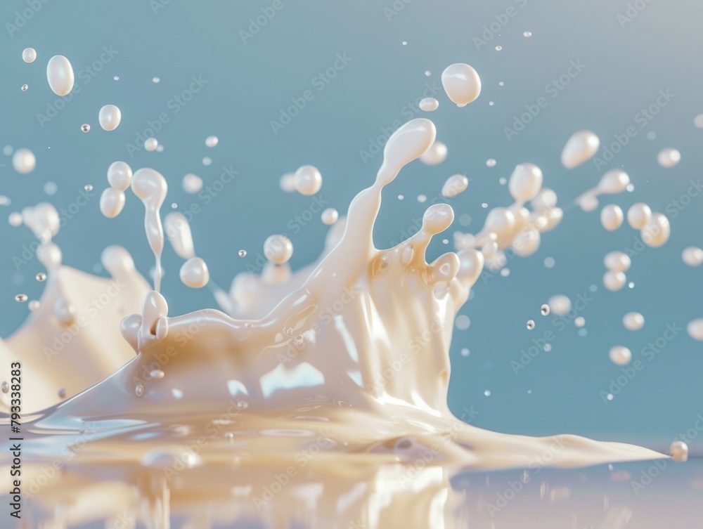 Poster a splash of milk is shown in a blue background. the splash is large and covers a significant portion