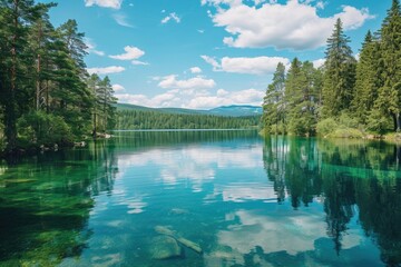 A beautiful lake with a clear blue water and trees in the background. The lake is calm and peaceful, and the sky is clear with a few clouds. The scene is serene and relaxing