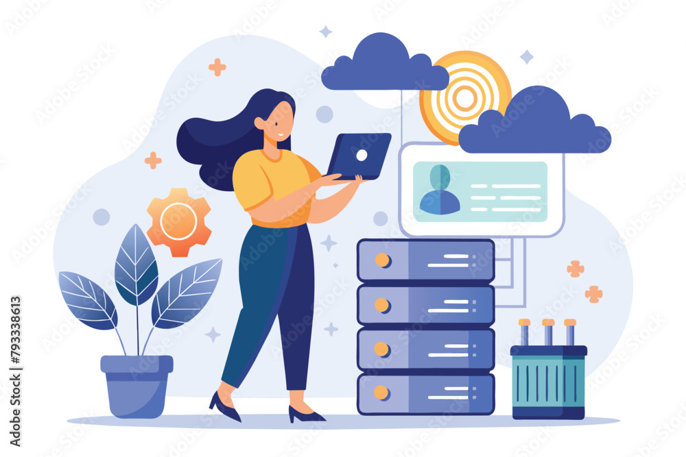 Poster woman standing in front of a stack of data, woman backing up database with cloud on mobile phone, si