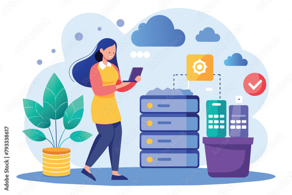Poster a woman stands in front of a tall stack of data while using a mobile phone cloud backup service, wom