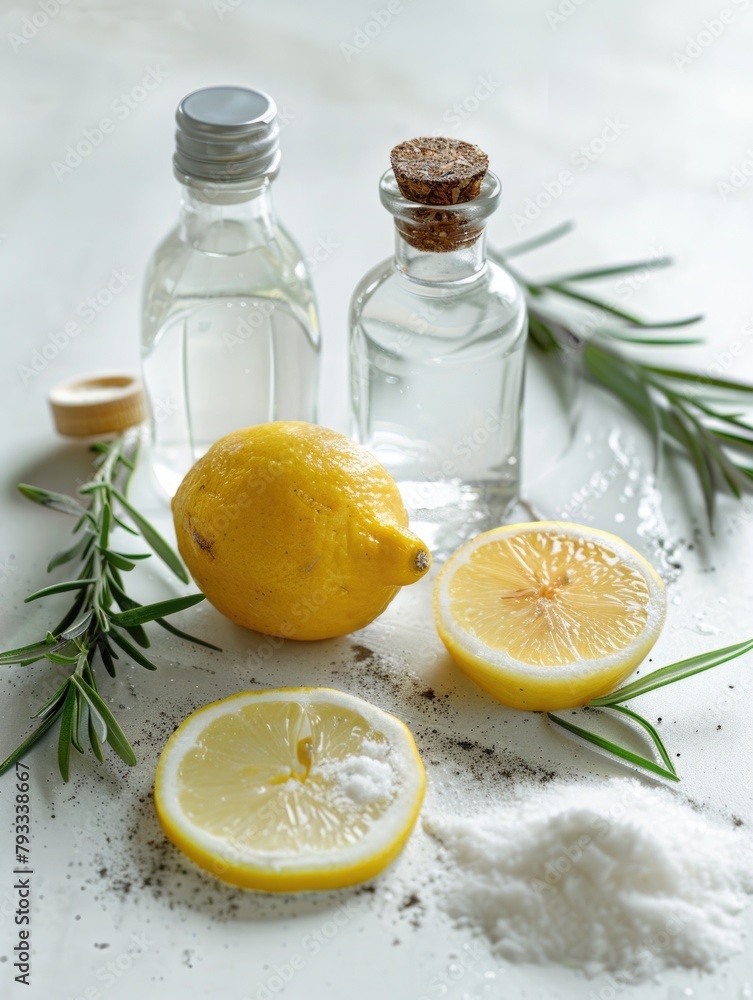 Poster a bottle of lemon juice and a bottle of lemon essential oil are on a table with a lemon wedge and a 