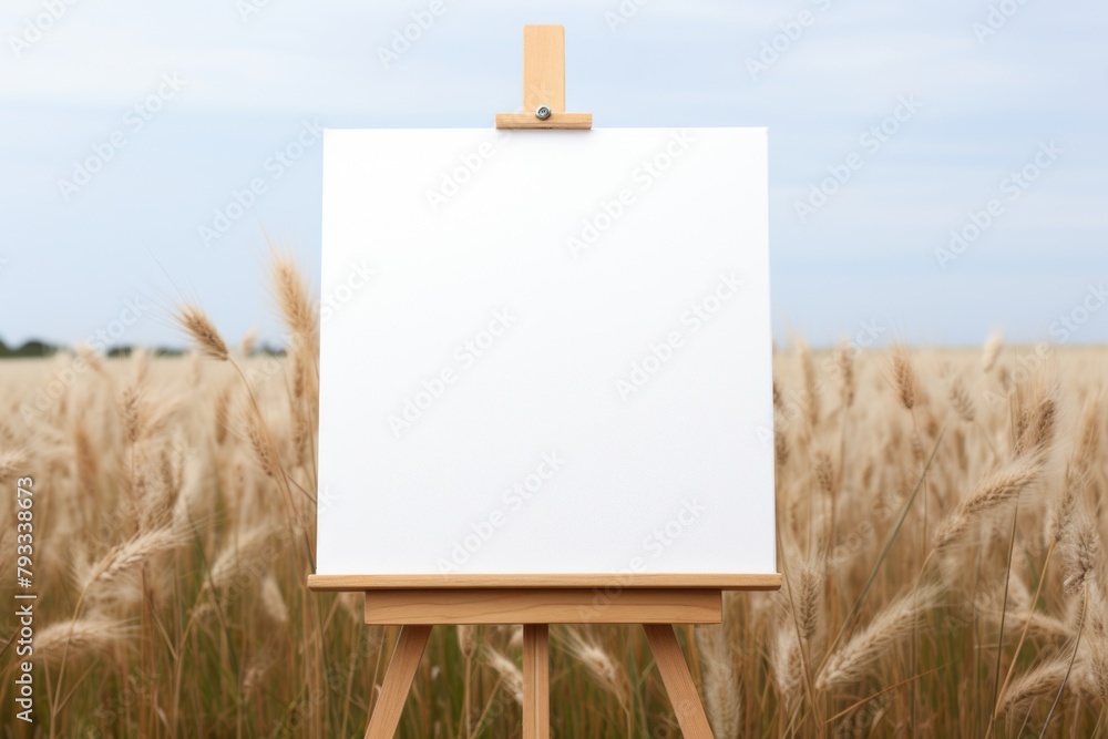 Poster a white canvas is propped up on a wooden easel in a field of tall grass. the empty canvas suggests a