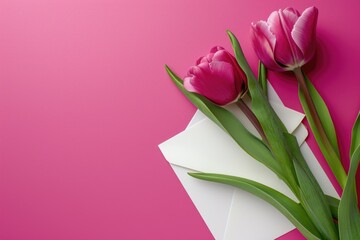A pink background with two pink flowers and a white envelope