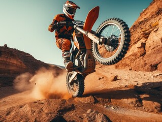 A man on a dirt bike is doing a wheelie on a rocky hill. Concept of excitement and adrenaline as the man skillfully maneuvers the motorcycle - obrazy, fototapety, plakaty