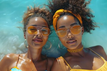Two women are laying in the water, wearing sunglasses and yellow headbands