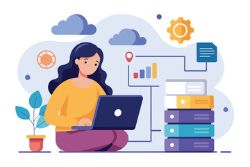 A woman sitting on a stack of books while working on her laptop, woman backup big data with laptop, Simple and minimalist flat Vector Illustration