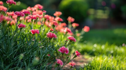 On a vibrant flowerbed delicate carnations bloom just in time for Mother s Day in the refreshing spring air