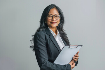 Fototapeta premium Elegant mature businesswoman with clipboard, epitomizing expertise and corporate professionalism