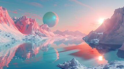 A beautiful, serene landscape with a large blue ball floating in the sky