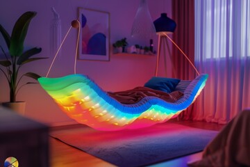 Modern Bedroom Aesthetics with Neon Sleep Essentials: Innovation in Mattress Design and Glowing, Decorative Comfort Enhancements.