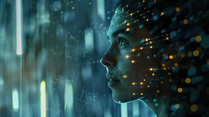 AI robot woman with artificial intelligence analysis flow big data. Cyborg woman contemplates stream of data in image waterfall of lights particles. Machine learning concept. Neural network train