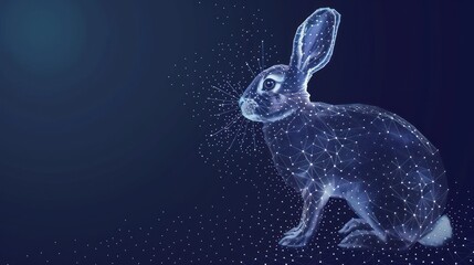 Rabbit made from points and lines on dark blue background, hare wireframe mesh polygonal Generated AI