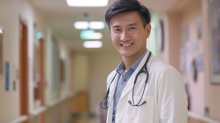 An Asian middle-aged male doctor smiling in the hospital corridor.