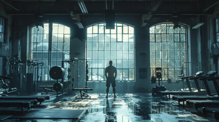 A silhouette of a personal trainer stands in a gym with workout equipment, backlit by large windows. - Powered by Adobe