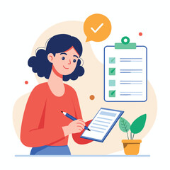 A woman is filling a column list on a clipboard next to another clipboard with a checklist, Woman filling column list, Simple and minimalist flat Vector Illustration