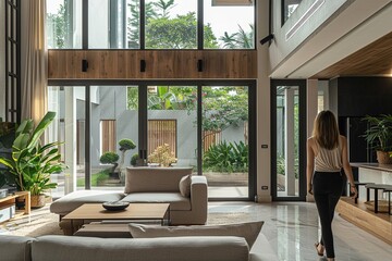 a woman walking in a elegant modern villa living room with wooden high ceiling and full height windows